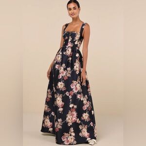 Lulu's Navy Floral Square-Neck Maxi Dress with Pink and Cream Roses